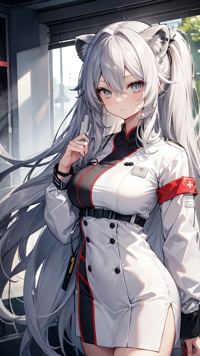 High resolution、Girl、Silver Hair、Long Hair,(),Lion ears、Grey Eyes、Slender、Toned body、nurse,nurse,forest,Tattoo,