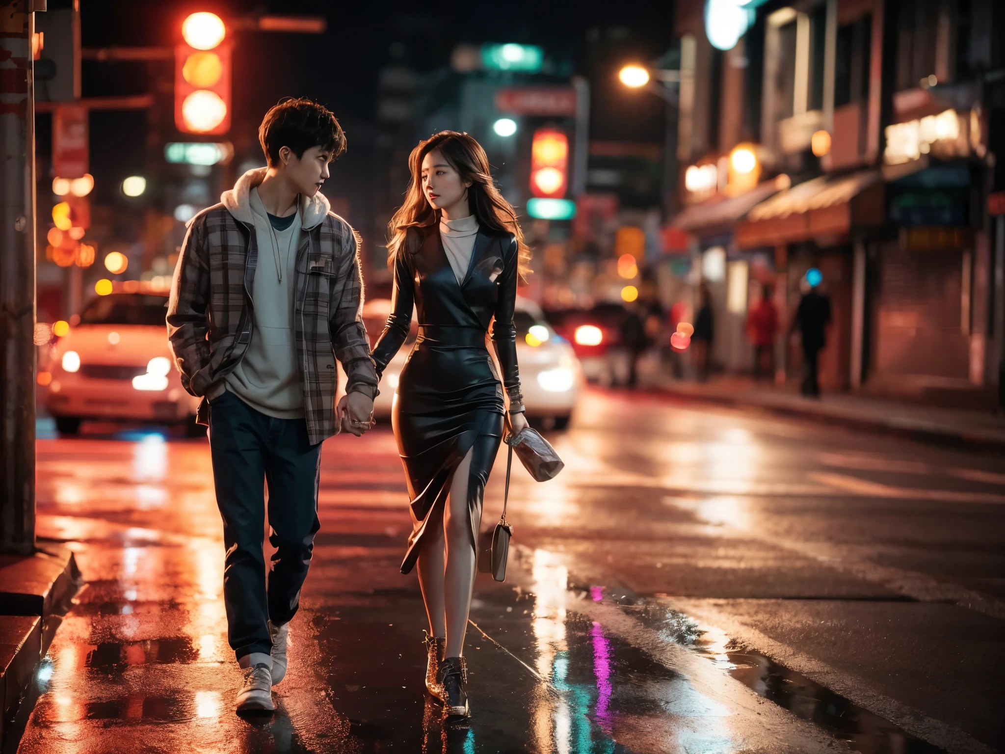A striking, ultra-detailed image of a young Korean couple strolling hand-in-hand on a bustling night street. The man is dressed in a cozy flannel shirt,
while the woman is clad in a stylish, form-fitting dress. The city lights and traffic signals illuminate their surroundings, casting a warm, inviting glow. The couple's expressions convey a deep connection and passion, as they share a tender moment in the vibrant urban setting.