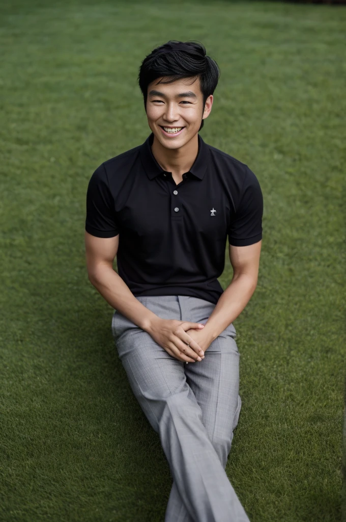 young asian man in a black polo shirt sitting on the grass with a smiling face, looking into the distance Turn your head slightly.,library