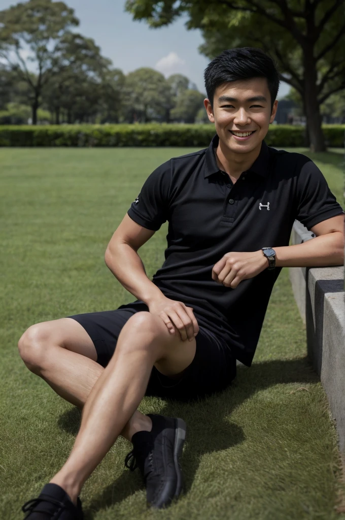 young asian man in a black polo shirt sitting on the grass with a smiling face, looking into the distance Turn your head slightly.,library