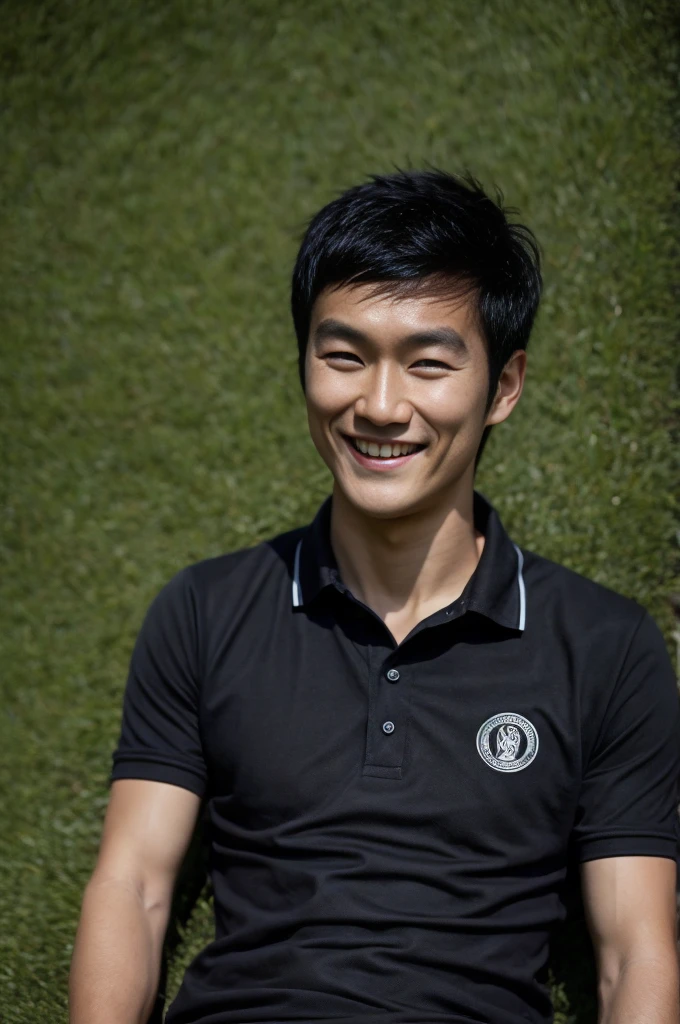 young asian man in a black polo shirt sitting on the grass with a smiling face, looking into the distance Turn your head slightly.,library