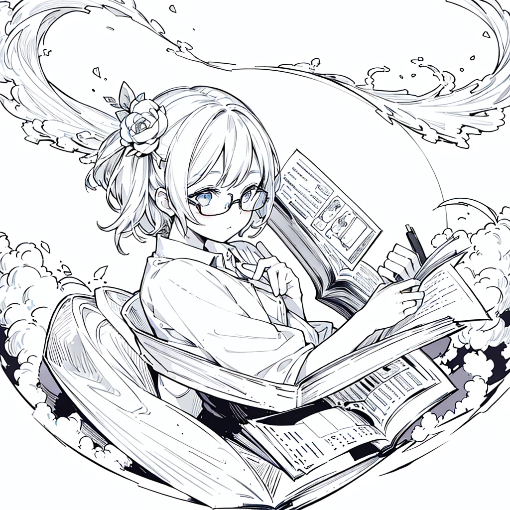 A girl,close up, wearing white shirt, reading a book, (best quality:1.3), (highres:1), (detailed:1.3), (incredible:1.3), (perfect:1.3), (perfection:1.3), (illustration:1.3), she's getting fun while reading it, dynamic on scene,Wear glasses