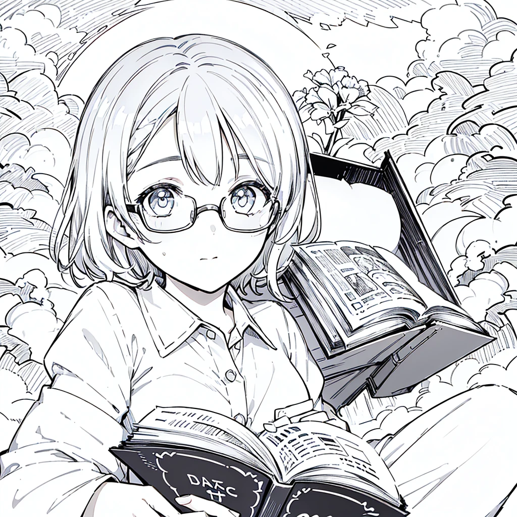 A girl,close up, wearing white shirt, reading a book, (best quality:1.3), (highres:1), (detailed:1.3), (incredible:1.3), (perfect:1.3), (perfection:1.3), (illustration:1.3), she's getting fun while reading it, dynamic on scene,Wear glasses