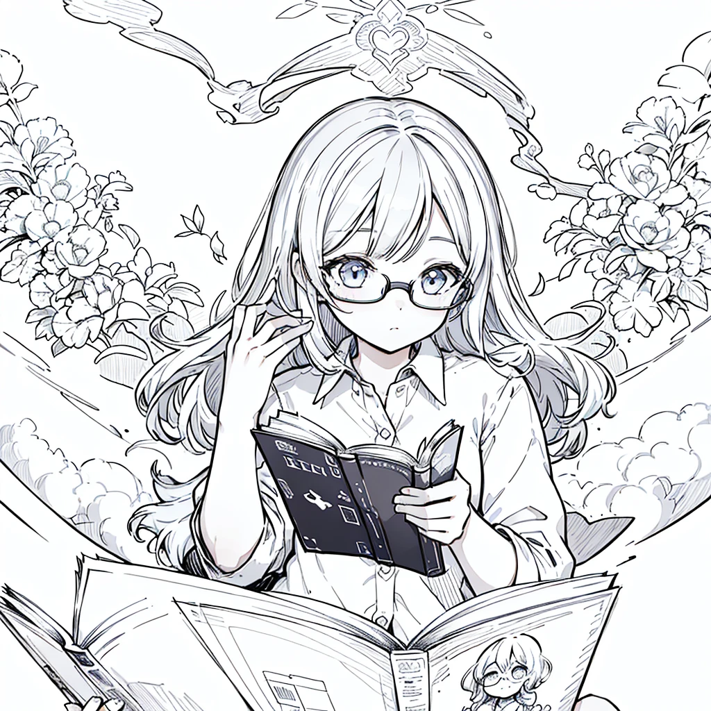 A girl,close up, wearing white shirt, reading a book, (best quality:1.3), (highres:1), (detailed:1.3), (incredible:1.3), (perfect:1.3), (perfection:1.3), (illustration:1.3), she's getting fun while reading it, dynamic on scene,Wear glasses