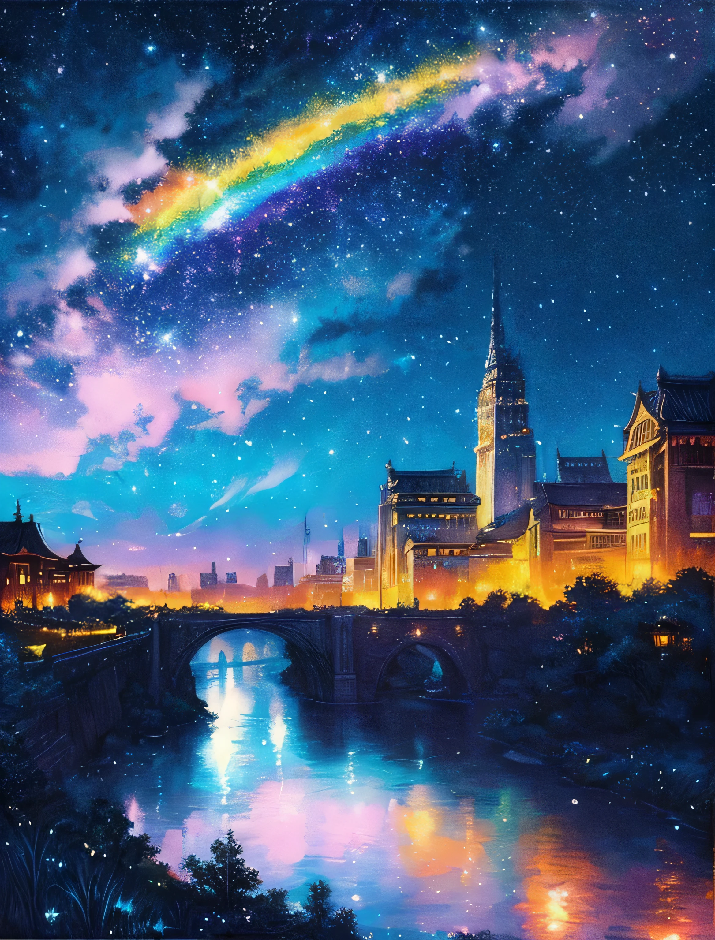 Colorful Metropolitan Museum of Art、Painting of a river with stars and moon in a rainbow sky、Met、輝くskyscraper、Shine overall、skyscraper、Concept art inspired by Tosa Mitsuoki、pixiv contest winners、Highest quality、Fantasy art、Beautiful anime scene、Bright Moon、Moonlight Star Environment、Dream painting、Anime Background Art、Fantasy Landscape Painting、Fantasy Knight、Anime Background、Background artwork、Great art、Atmospheric anime、Starry Sky、details enhanced。