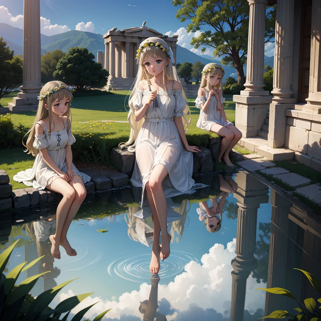 最high quality、high quality、Young Greek God々、Sanctuary Grasslands、Long dress、Full of light、Mysterious、Little angels are playing instruments all around、Greek temple in the clouds、