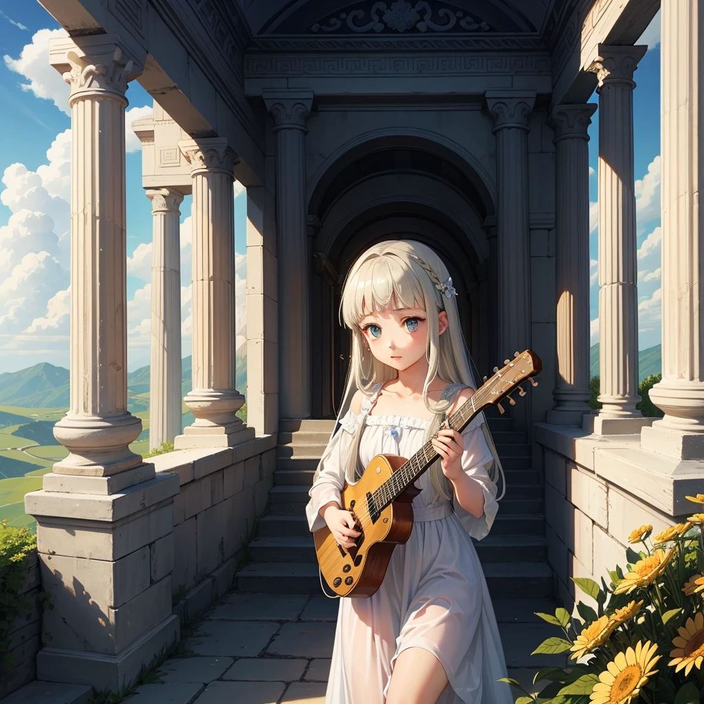 最high quality、high quality、Young Greek God々、Sanctuary Grasslands、Long dress、Full of light、Mysterious、Little angels are playing instruments all around、Greek temple in the clouds、