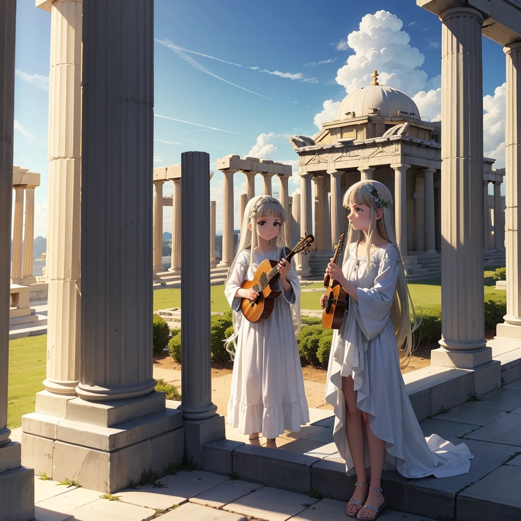 最high quality、high quality、Young Greek God々、Sanctuary Grasslands、Long dress、Full of light、Mysterious、Little angels are playing instruments all around、Greek temple in the clouds、