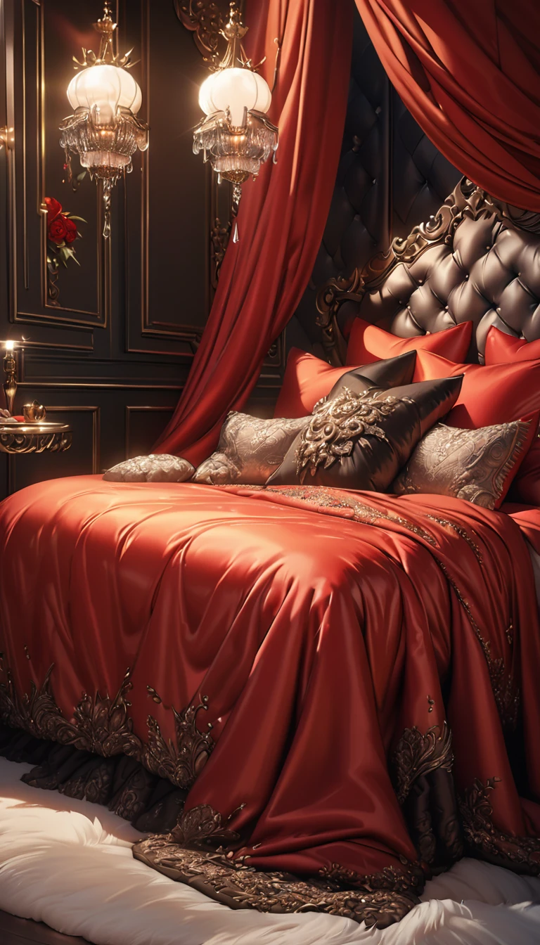 a fluffy red silk duvet, many large silk cushions, a luxurious and fluffy red silk bed, extremely detailed, high quality, 8k, best quality, photorealistic, studio lighting, lush, elegant, soft, delicate, rich, warm colors, serene, luxurious bedroom interior, plush, velvety, opulent, ornate, detailed silk textures, fine details, sumptuous, sophisticated, lavish, exquisite, opulent, refined, grandiose, magnificent