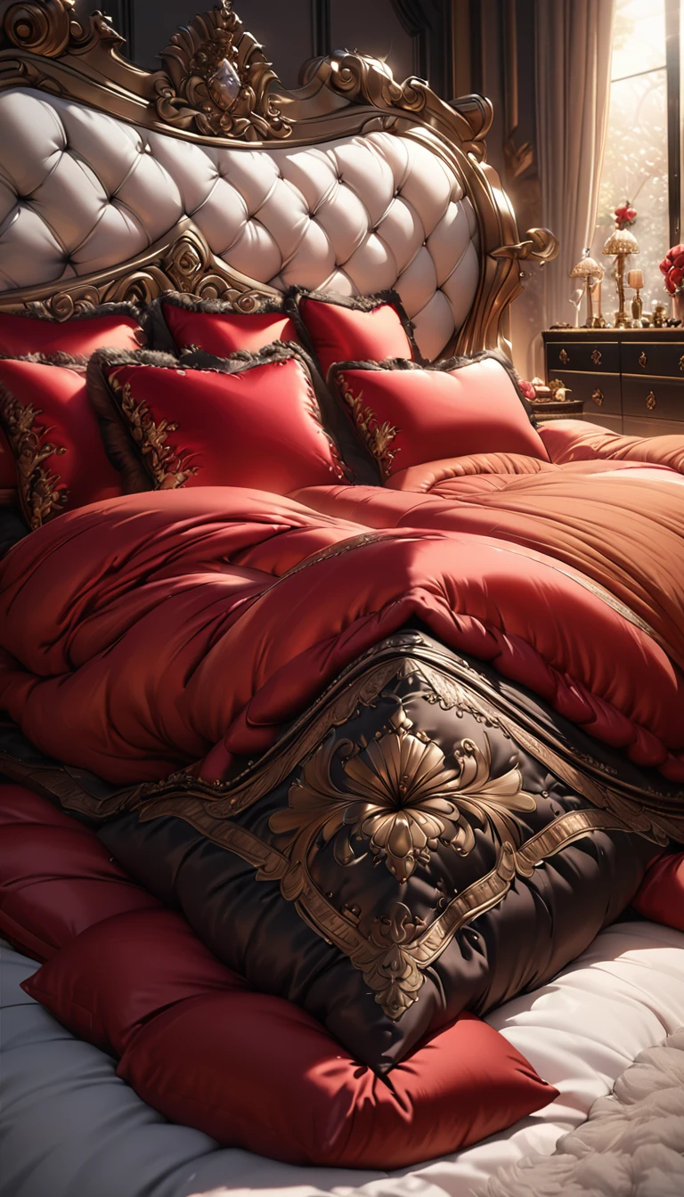 a fluffy red silk duvet, many large silk cushions, a luxurious and fluffy red silk bed, extremely detailed, high quality, 8k, best quality, photorealistic, studio lighting, lush, elegant, soft, delicate, rich, warm colors, serene, luxurious bedroom interior, plush, velvety, opulent, ornate, detailed silk textures, fine details, sumptuous, sophisticated, lavish, exquisite, opulent, refined, grandiose, magnificent