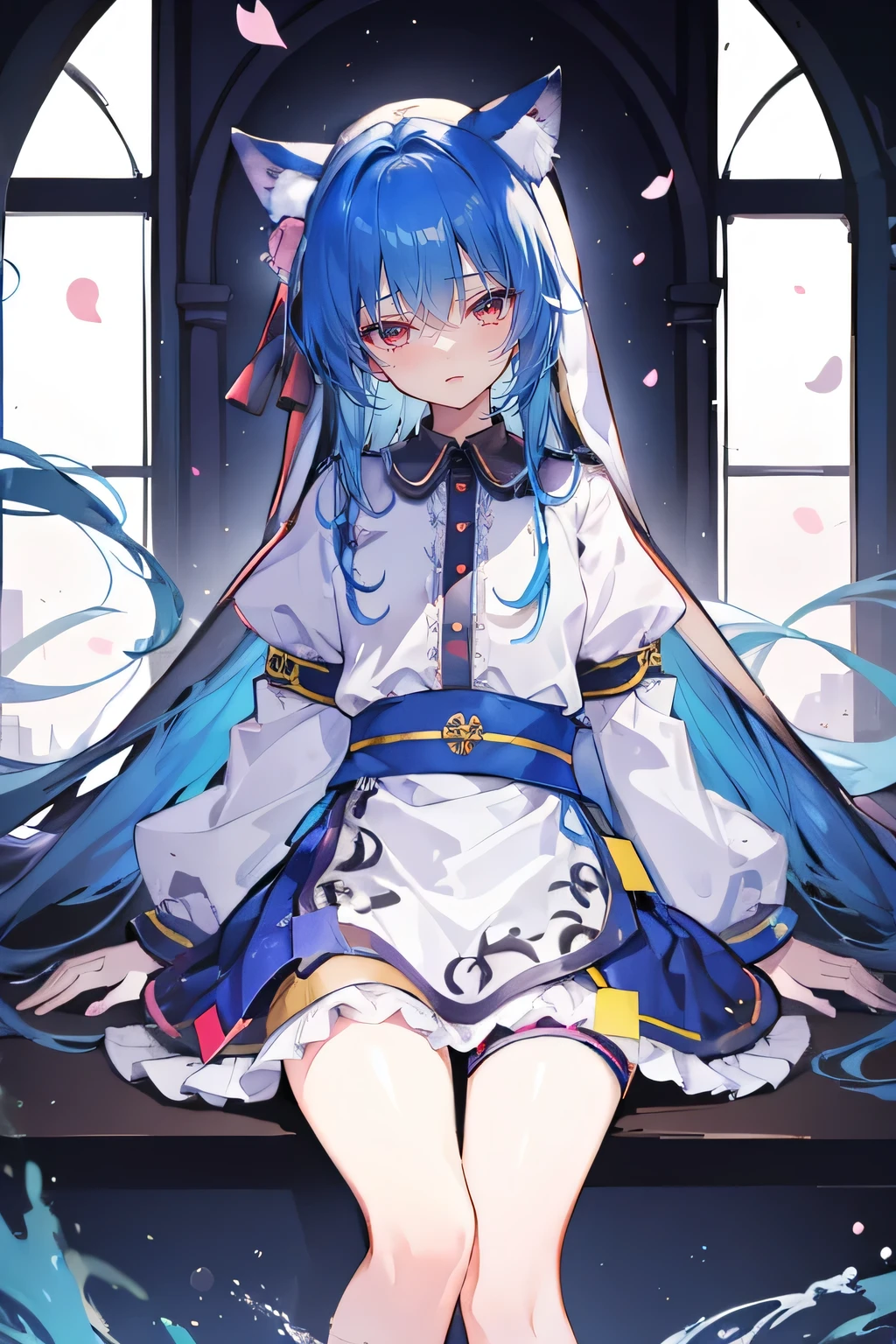 (masterpiece:1.2),Extremely detailed,Practical,expressive eyes,Fair skin,Perfect face shaping,1 Girl,
Japanese cartoons,Gorgeous blue hair, the long flowing blue hair,Floating clothes,Cat ears,Petals fall,beautiful lola,Angel,
Place your hands on your waist,sit elegantly on the ground,Cross your legs,Gentle and peaceful background,stately church,nun。