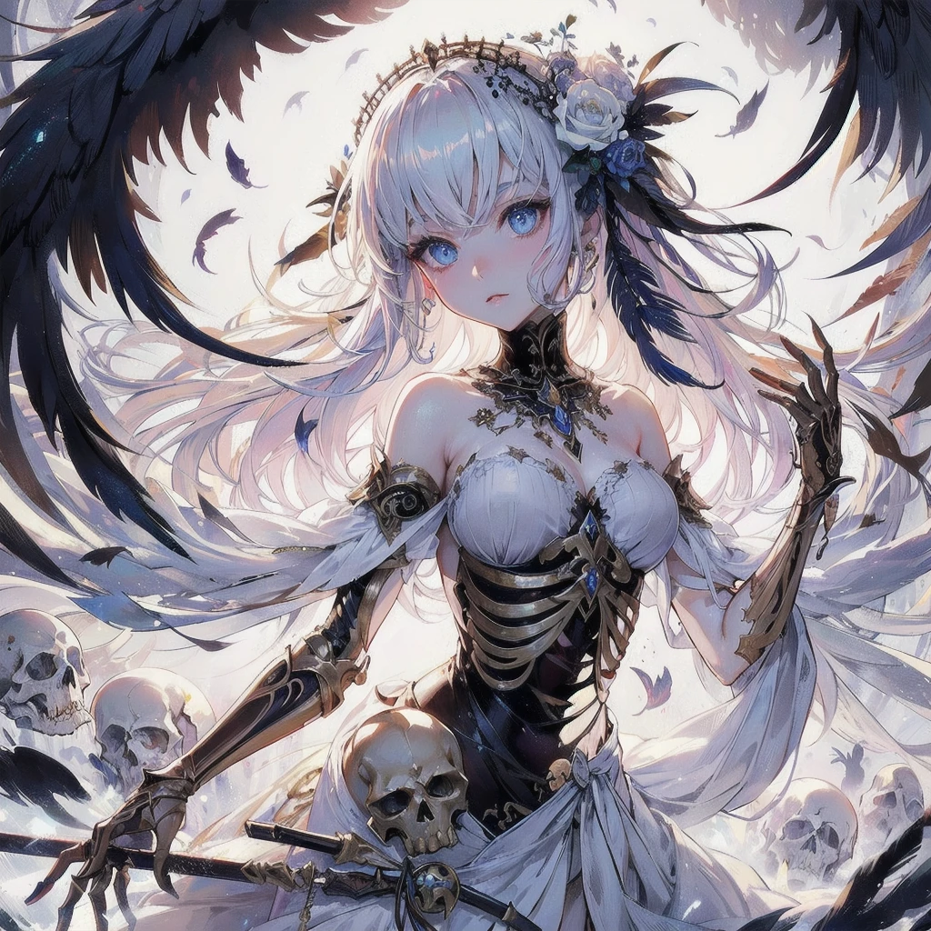 masterpiece, (textured skin), best quality, gorgeous beautiful girl, (a female goddess of death),,detailed clothes,large ,narrow waist,, (beautiful face), cinematic lighting, (fantasy anime art ),