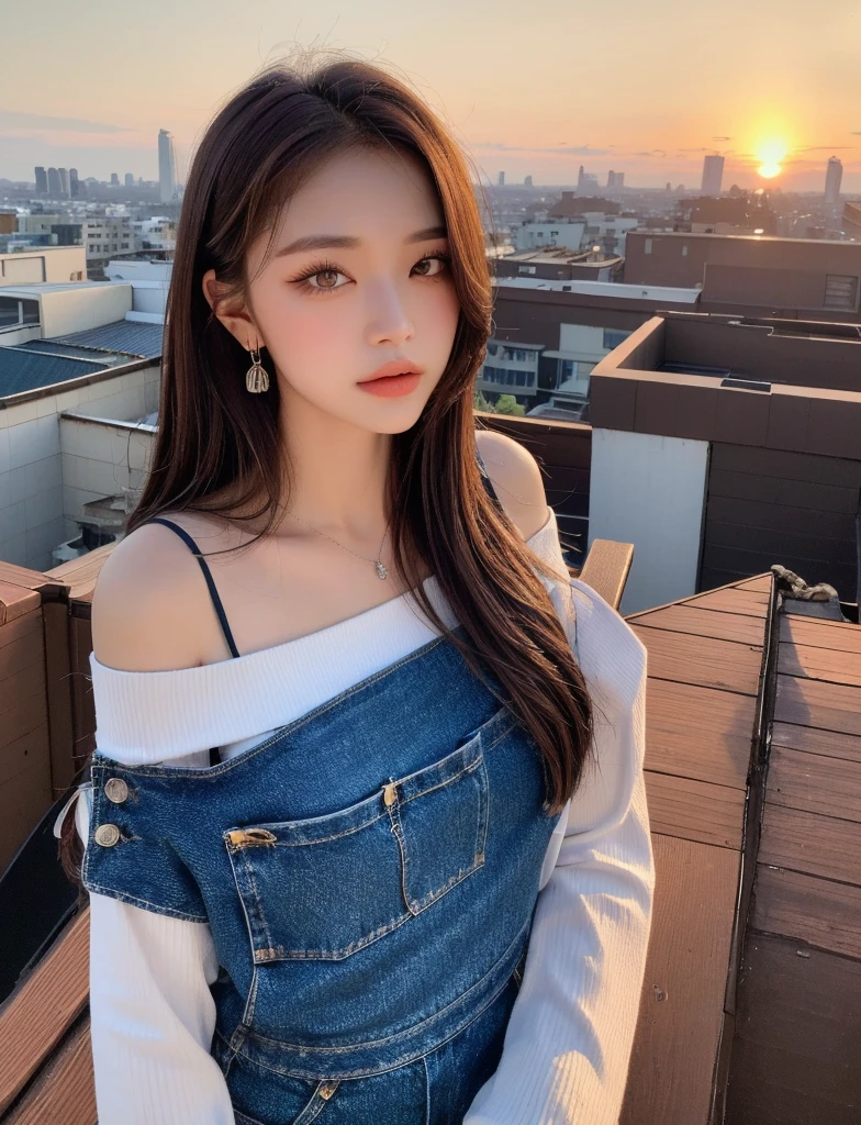 ((Midnight, Highest quality, 8K, masterpiece :1.3)), whole body, Long legs, Sharp focus :1.2, Beautiful woman with perfect figure :1.4, Slim Abs :1.1, ((Dark brown hair, Big Breasts :1.2)), (White tight T-shirt, Jean Bib, Are standing:1.2), ((Night city view, rooftop:1.3)), Highly detailed face and skin texture, Fine grain, double eyelid, sunset, Darken, Backlight, Off the shoulder