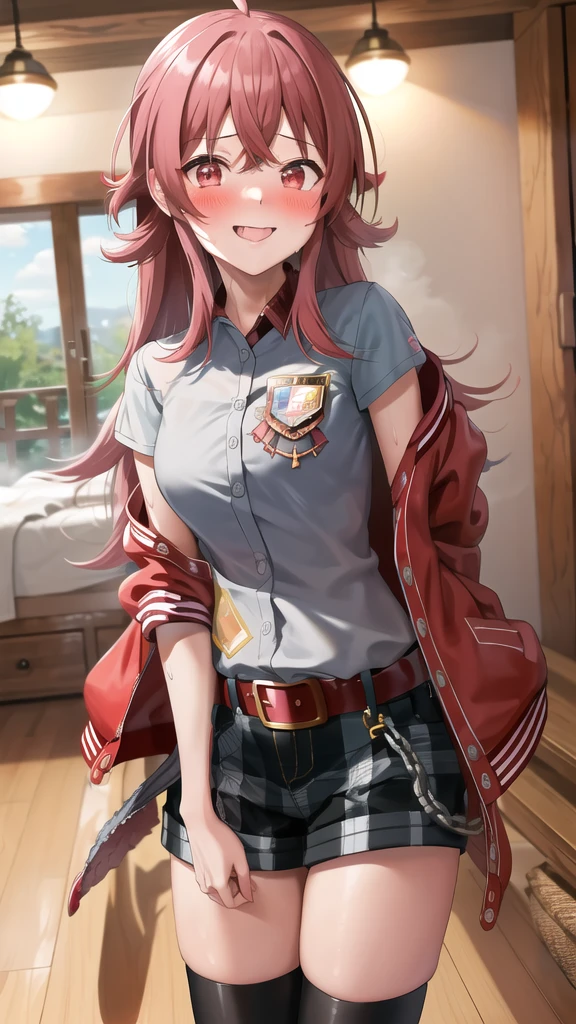 masterpiece, best quality, highres, akaho, long hair, ahoge, hair ribbon, red ribbon, letterman jacket, long sleeves, 手链, open jacket, collared shirt, grey shirt, Red belt, green shorts, plaid, black thighhighs, street, cowboy shot. :p、loafers、Long legs、Long legs、Absolute area、Micro Shorts、（Black knee socks:1.4) Grinning、Smile、is standing、Sweating:1.5), (steam:1.3), ((((blush))))),Absolute area、（black leather thigh boots）、a room、Hi-Res, 1girl in, ,},{{独奏,Boyish 1 Girl}} 