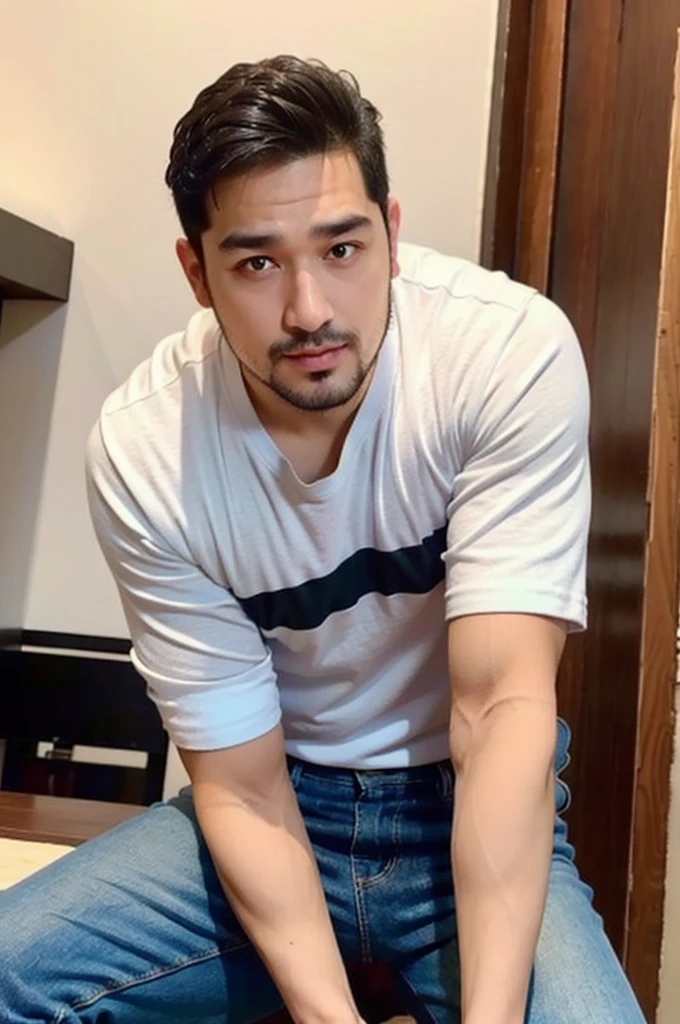 masterpiece, best quality, high resolution, realistic, handsome, photogenic, syahnk, SFW, a photo of a 35 year old frat (man:1.2) portrait, , military press, weights, stunning , short buzzcut hair,stubble head , (hypermuscle),looking at the viewer, flirting with the camera, charming, (tight white shirt ),(GS-Masculine:1), 8K UHD , ยืนในห้องอาหาร, (fullbody:1.5)