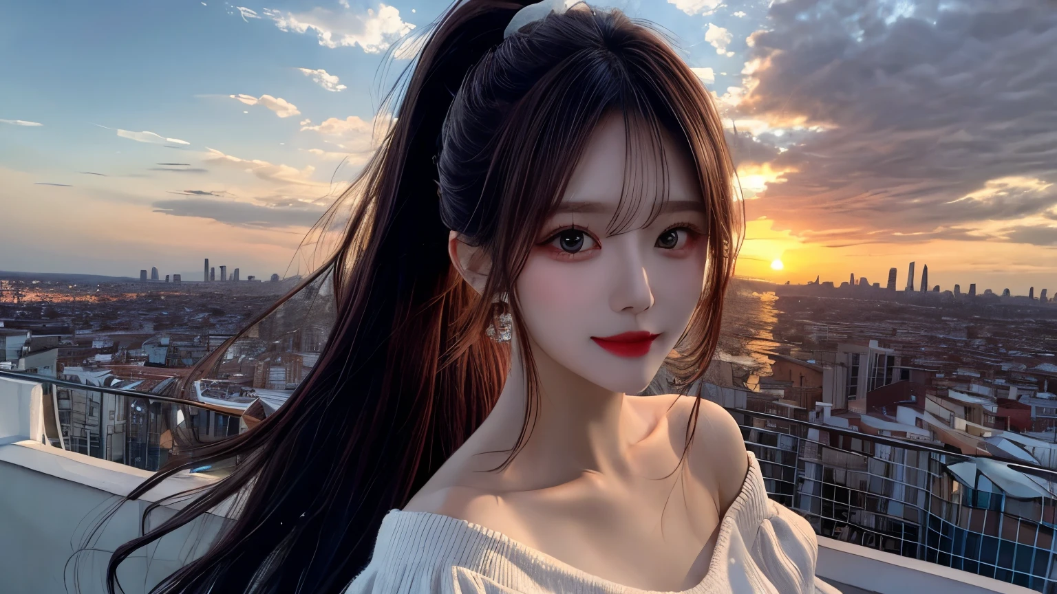 1 beautiful sweet girl,fluffy off shoulder crop top. fish eye, wind, straight long hair, high ponytail, sunset, city scape, (Aesthetics and atmosphere:1.2),Detailed, realistic faces
