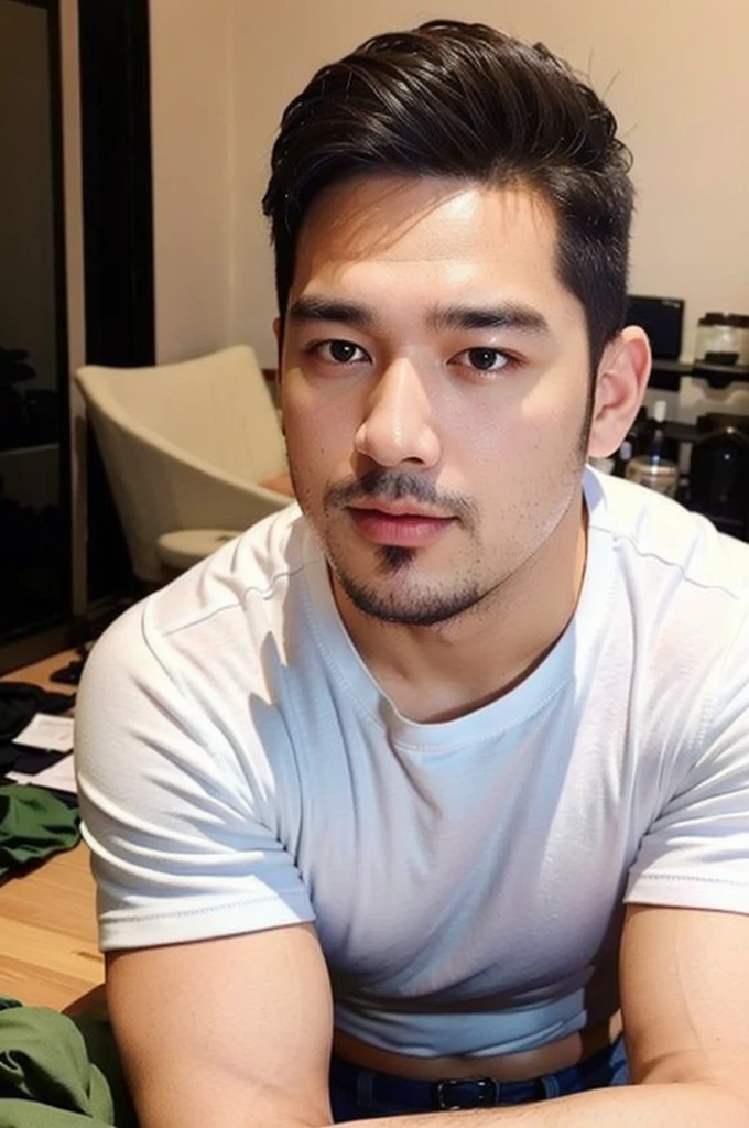 masterpiece, best quality, high resolution, realistic, handsome, photogenic, syahnk, SFW, a photo of a 35 year old frat (man:1.2) portrait, , military press, weights, stunning , short buzzcut hair,stubble head , (hypermuscle),looking at the viewer, flirting with the camera, charming, (tight white shirt ),(GS-Masculine:1), 8K UHD , ยืนในห้องอาหาร, (fullbody:1.5)