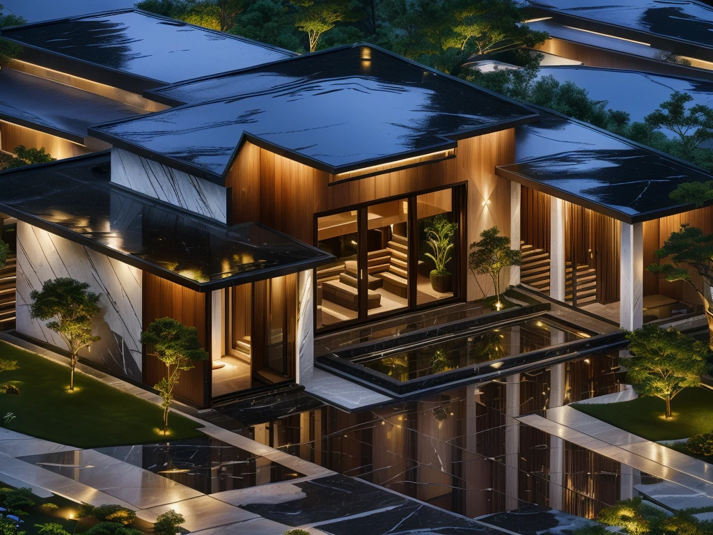 3D render of a beautiful house, Dark, gray tones, white wall. lumion render, night time render, insanely detailed rendering, realistic architecture, architectural visualization. The staircase leading into the house is tiled with black marble and has bright LED lights. Behind are hills and mountains with clear blue sky. The house with a large porch to sit and drink tea and LED lights, there is a large patio with a waterfall and a pond, pine trees, grass, garden stones, roses, modernism, vivid and detailed, zen garden, lush garden surroundings, residential design, lush landscaping, dense with greenery, pristine and clean design, clean and pristine design. balcony with green plants. The main door is made of black aluminum and glass reaching up to the ceiling. Looking through the glass windows to look inside the house with luxurious interiors with luxurious and warm lights, interior lighting rendering and lighting effects. marble and wood and glass, dark and modern, luxcore render, taken with professional photography techniques, using a wide angle lens with bright natural light and high resolution details, in the style of professional photograph, hyper realistic, highly detailed.