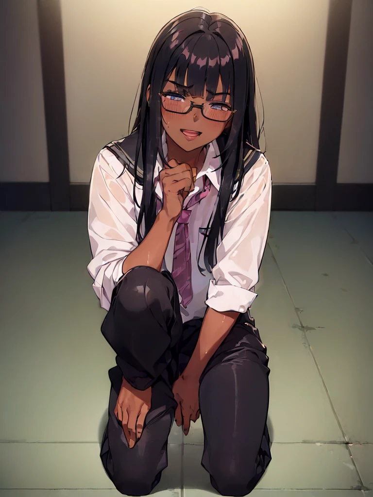 (1 feminine boy solo:1.9),(dark skin:1.5), (masterpiece:1.2), highest quality, High resolution, unity 8k wallpaper, (fine and beautiful eyes:1.6), highly detailed face, perfect lighting, Detailed CG, (perfect hands, perfect anatomy),20 years old, (black hair:1.3), detailed eyes, best quality, extremely detailed, very precise detailed, (glasses:1.4), (blunt bangs:1.3), (open mouth:1.2), (middle straight hair:1.5), (evil smile:1.4), , (half closed eyes:1.3) ,long sidelocks, (blush:1.3),(kneeling:1.3),(Put left knee in front:1.5),(school uniform pant:1.5),