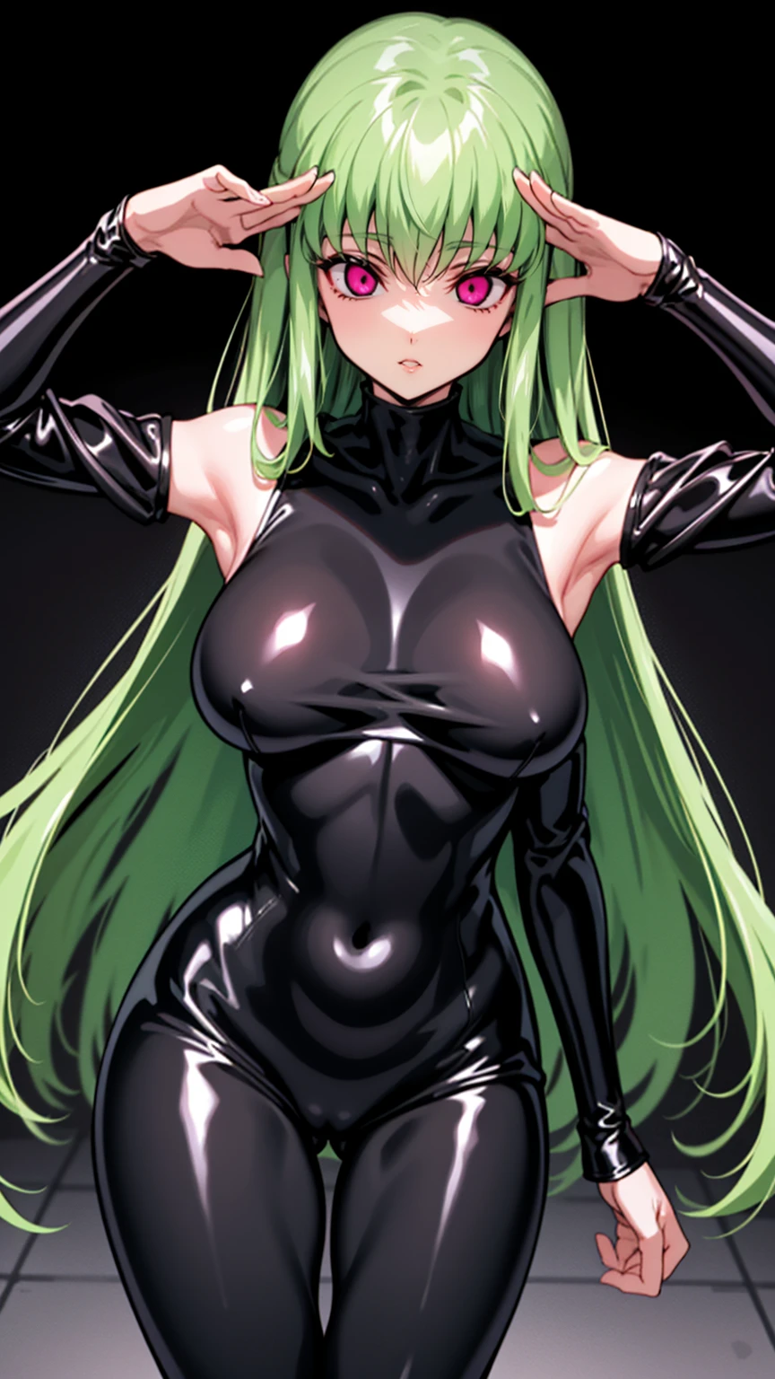 1 female,Browsing Caution, ((stand up and salute)),(((Black latex tight bodysuit))),c.c. ,s2outfit, Removable sleeves ,clavicle,Absurd, Hollow Eyes, ((Big Tits 1.8)),((Hypnosis,Mind control,Expressionless,Emotion control Device)), ((Eyes Wide Open)),(The pupils constrict,Glowing purple eyes,Hollow Eyes),(indoor,Nightclub),Full body image, brainwashing,Hollow Eyes), (Highest quality、4K、8K、High resolution、Must have:1.2)、Very detailed、(reality、reality、reality:1.37)、Ticker、Hyper HD、Studio Lighting、Ultra-precise Paint、Sharp focus、Physically Based Rendering、Very detailed、Professional specifications、Vibrancy and color、Blurred、Sports portrait、landscape、Horror Style、Anime Big 、sf、photograph、concept Artist、Five Fingers, Perfect body,  {{{masterpiece}}}, {{{Highest quality}}}, {{Very detailed}}, {shape}, {{Very delicate and beautiful}},Improved cost performance、All Roles、canon 5D MK4でphotograph、photograph, 