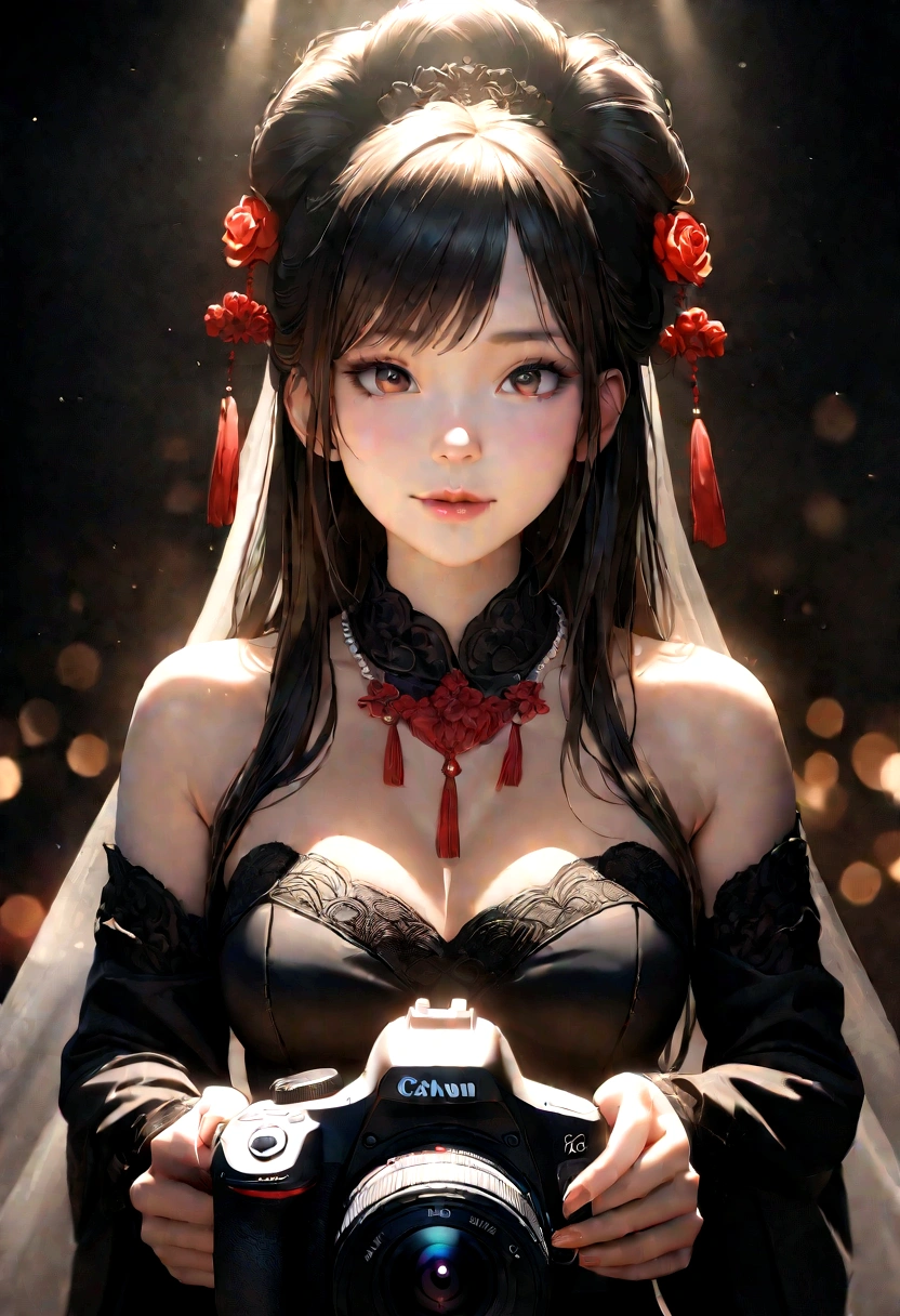 best quality, masterpiece, highres, 1girl,china wedding dress,hair ornament,necklace, jewelry,Beautiful face,upon_body, tyndall effect,photorealistic, dark studio, rim lighting, two tone lighting,(high detailed skin:1.2), 8k uhd, dslr, soft lighting, high quality, volumetric lighting, candid, Photograph, high resolution, 4k, 8k, Bokeh