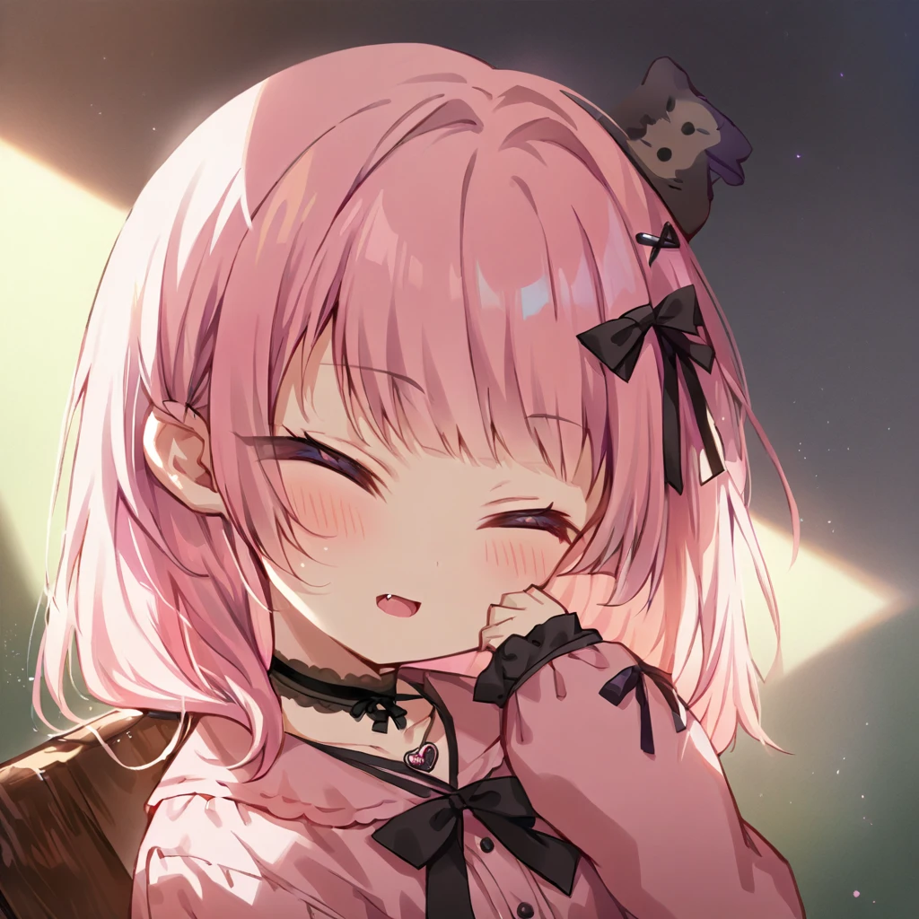 a masterpiece, beautiful eyes, a beautiful face, beautiful depiction, details, ultra detailed, 8K,kawaii, mesugaki, fangs, 
light atmosphere, (Cute a girl:1.5), (a girl with closs hair pin,
pink shirt,cosplay, jirai kei, bangs, black skirt, black bow, looking at viewer, bow, long sleeves, choker, ribbon,portrait  shot :1.4),
(masterpiece:1.3), anime visual, (Lovey-dovey:1.5), (tilt head:1.3), extremely delicate face, soft clean focus, realistic lighting and shading, (an extremely delicate and beautiful art:1.3),
The girl closes her eyes and shouts,