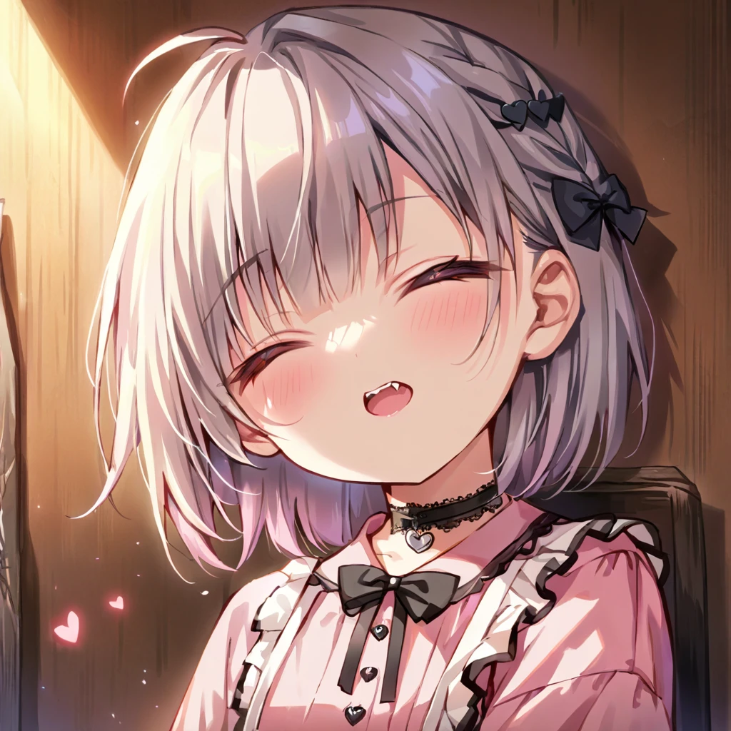 a masterpiece, beautiful eyes, a beautiful face, beautiful depiction, details, ultra detailed, 8K,kawaii, mesugaki, fangs,
light atmosphere, (Cute a girl:1.5), (a girl with closs hair pin,
pink shirt,cosplay, jirai kei, bangs, black skirt, black bow, looking at viewer, bow, long sleeves, choker, ribbon,portrait shot :1.4),
(masterpiece:1.3), anime visual, (Lovey-dovey:1.5), (tilt head:1.3), extremely delicate face, soft clean focus, realistic lighting and shading, (an extremely delicate and beautiful art:1.3),
The girl closes her eyes and shouts,