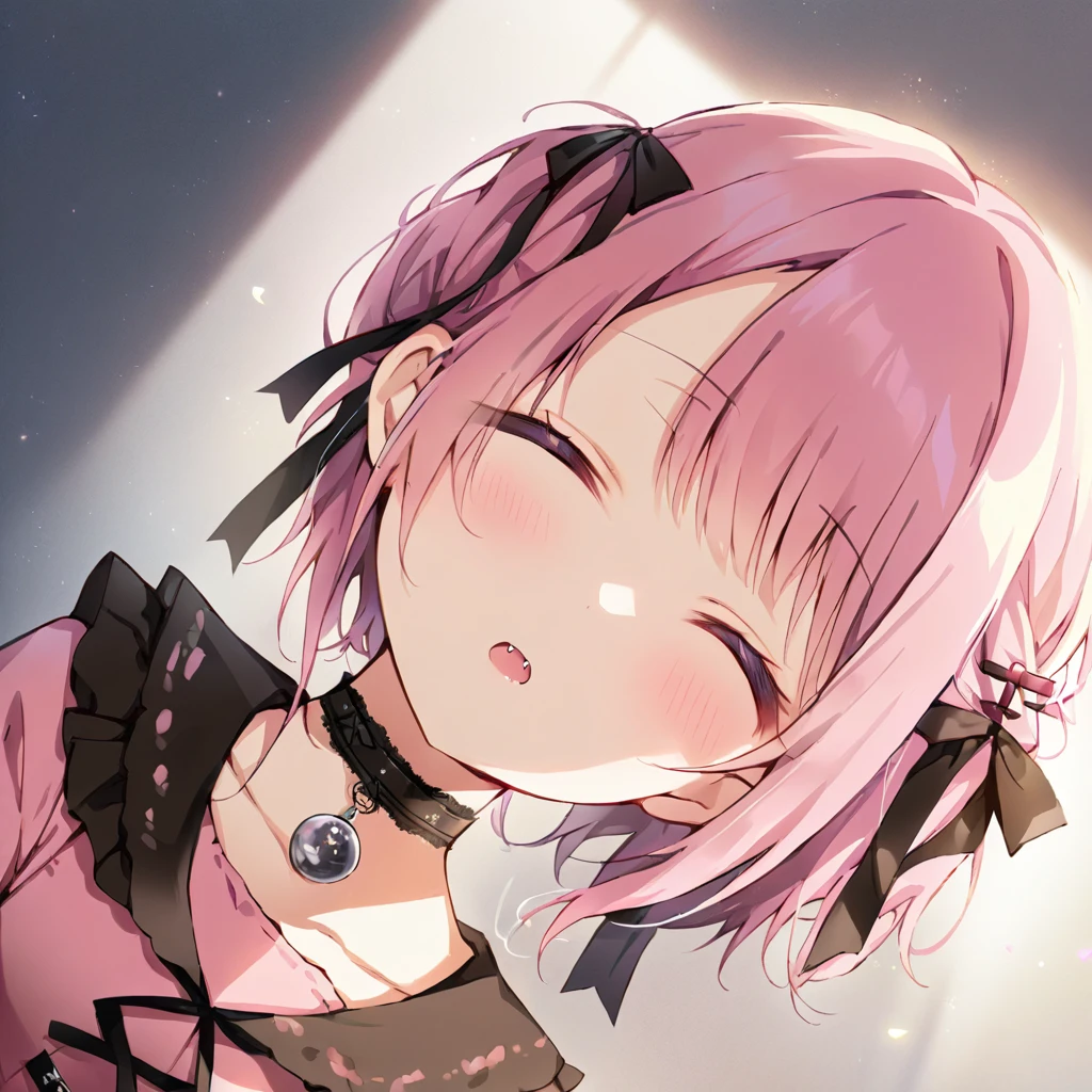 a masterpiece, beautiful eyes, a beautiful face, beautiful depiction, details, ultra detailed, 8K,kawaii, mesugaki, fangs, 
light atmosphere, (Cute a girl:1.5), (a girl with closs hair pin,
pink shirt,cosplay, jirai kei, bangs, black skirt, black bow, looking at viewer, bow, long sleeves, choker, ribbon,portrait  shot :1.4),
(masterpiece:1.3), anime visual, (Lovey-dovey:1.5), (tilt head:1.3), extremely delicate face, soft clean focus, realistic lighting and shading, (an extremely delicate and beautiful art:1.3),
The girl closes her eyes and shouts,