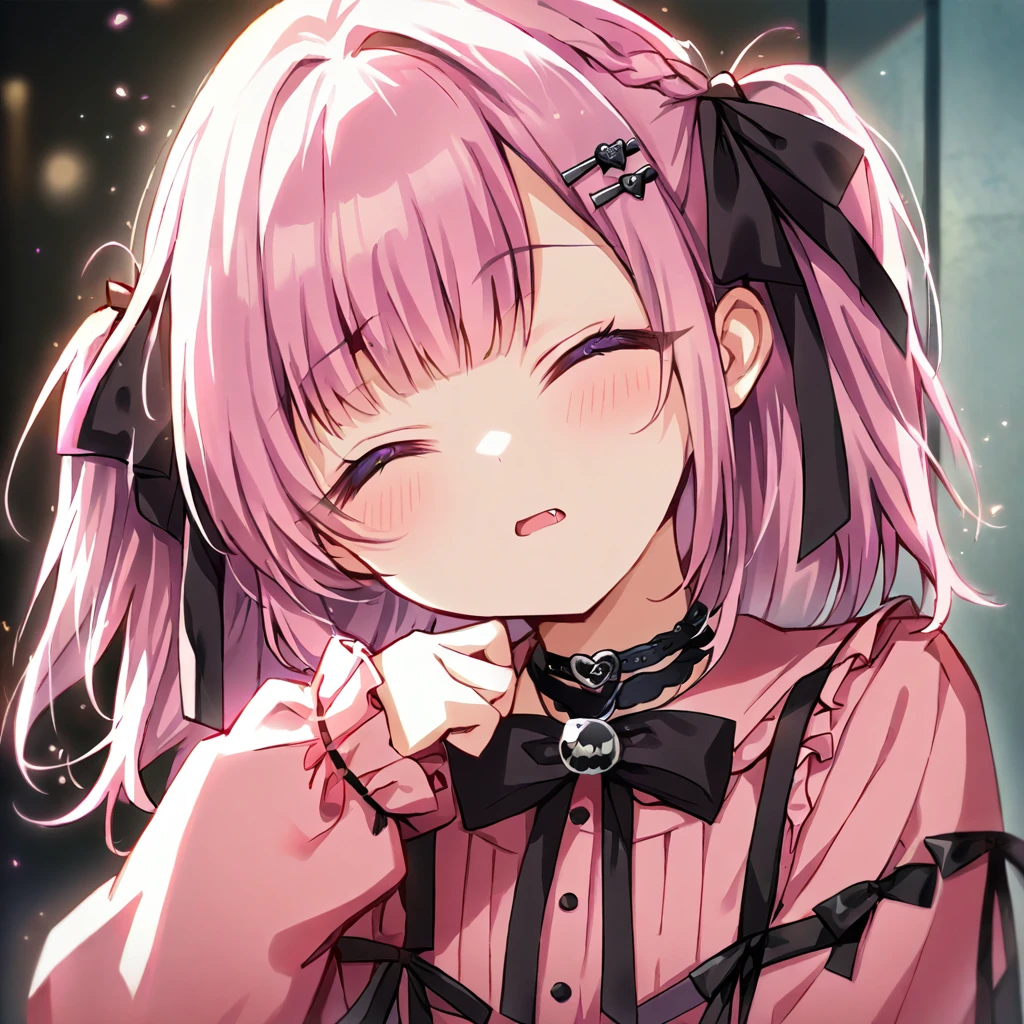 a masterpiece, beautiful eyes, a beautiful face, beautiful depiction, details, ultra detailed, 8K,kawaii, mesugaki, fangs, 
light atmosphere, (Cute a girl:1.5), (a girl with closs hair pin,
pink shirt,cosplay, jirai kei, bangs, black skirt, black bow, looking at viewer, bow, long sleeves, choker, ribbon,portrait  shot :1.4),
(masterpiece:1.3), anime visual, (Lovey-dovey:1.5), (tilt head:1.3), extremely delicate face, soft clean focus, realistic lighting and shading, (an extremely delicate and beautiful art:1.3),
The girl closes her eyes and shouts,