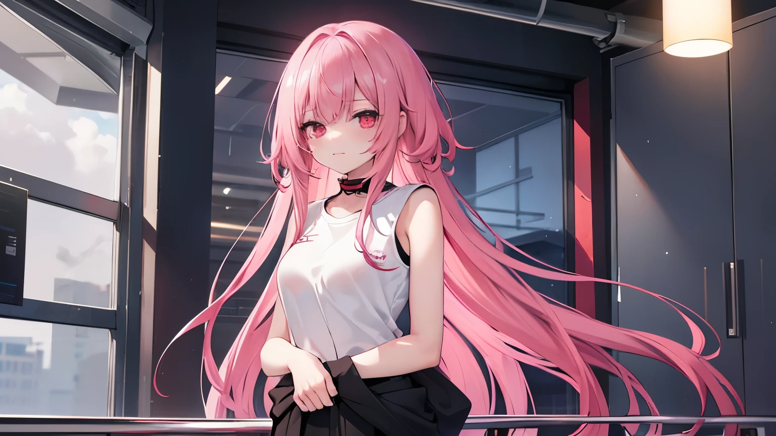 18 year old girl, long pink hair loose to the waist, Red eyes, He wears a white t-shirt without logos, sleeveless and tight short black pants. (greet kindly)(the environment is an office)