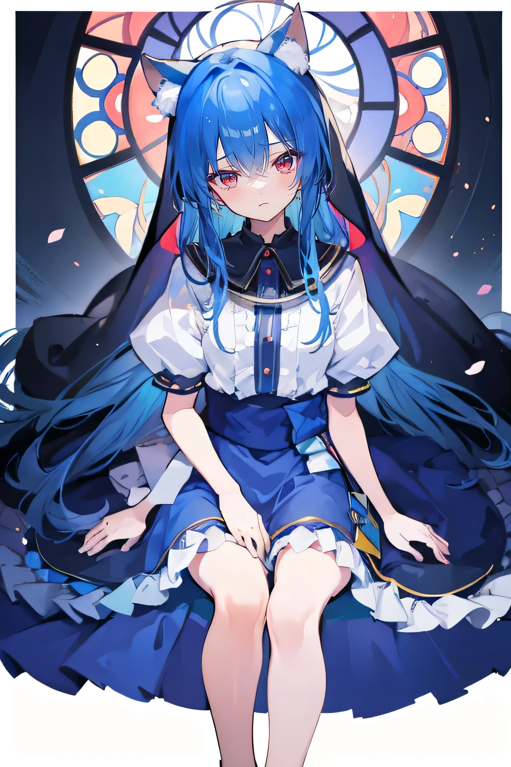 (masterpiece:1.2),Extremely detailed,Practical,expressive eyes,Fair skin,Perfect face shaping,1 Girl,
Japanese cartoons,Gorgeous blue hair, the long flowing blue hair,Floating clothes,Cat ears,Petals fall,beautiful lola,Angel,
Place your hands on your waist,sit elegantly on the ground,Cross your legs,Gentle and peaceful background,stately church,nun。