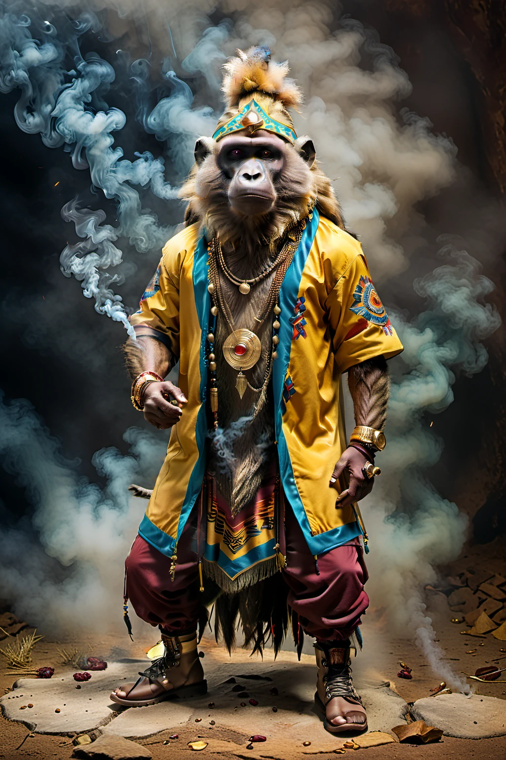 Wide-eyed and menacing,Mantohi praying as a shaman with smoke in the air A mantle baboon wearing a colorful and artistic gold jacket that makes him look like a mantle baboon, except for his face. Create an image of this composition using the following rules We will create a card game pattern. The design will be surrounded by a border, so please keep the design 80% from the center of the space so that it does not cover the characters. The atmosphere should be dark and mysterious, with indirect lighting and a textured background. The character in the center should stand out. Full body image, Poses with movement Overall colors are earth tones Colorful costumes anyway Textures are realistic and finely fashioned clothing. They wear stylish sneakers, boots, and sandals. Hats, cigars, smoke Accessories Choice of necklaces, earrings, rings, bandanas, hats, cigars, smoke, cars, motorcycles, tattoos, etc. that match the costume and mood. Real, 8K,. No human touch, no skin tones.