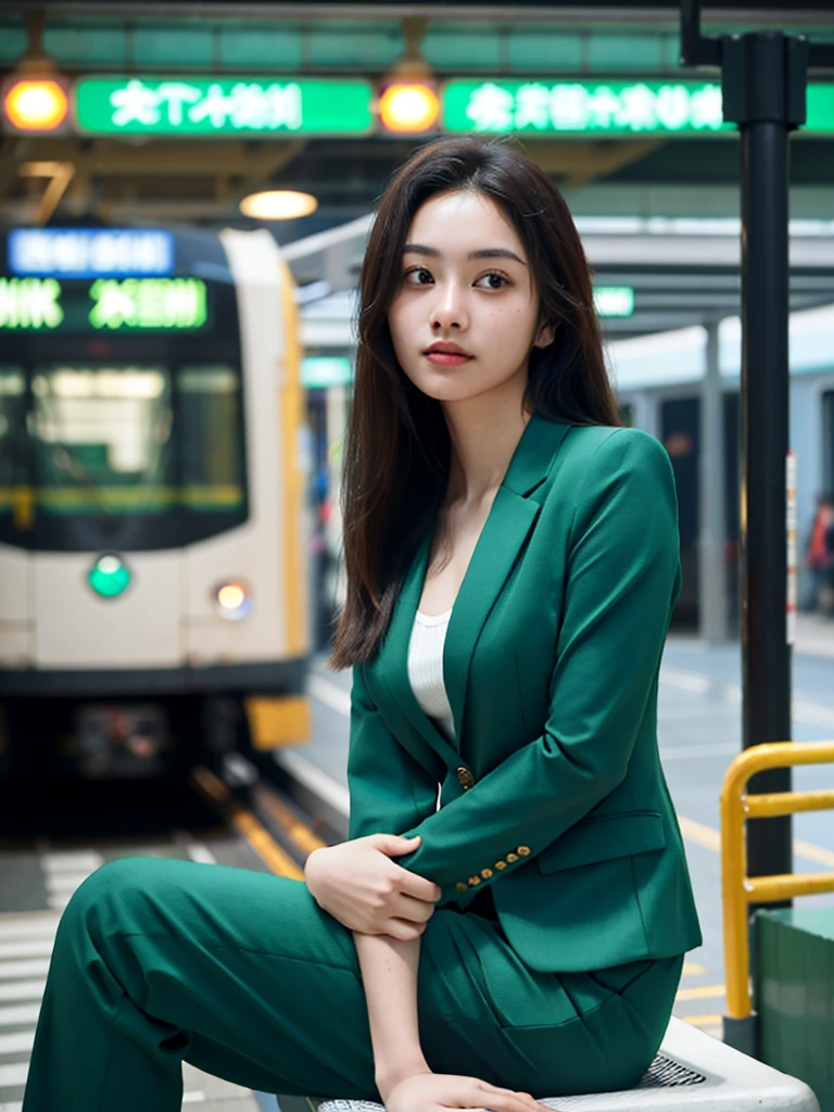 (One girl), alone, Latin Girls, length_hair, wear(Green Formal_suit, jewelry), photograph(Mid-range shot), Portraiture, Sitting pose, throw, Blurred_background, background(futuristic metro_station), (photographrealistic, Absurd, Highest_quality:1.55),