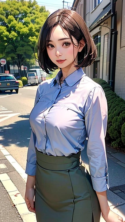 1 Woman, Japanese Woman,(Housewife:1.5),(40 Years Old:1.68),(Attractive Mature Woman:1.66),(Middle Age:1.78),(Small Round Face:1,69),(small breasts:1.5),((graduated haircut)),(cutter shirts,skirt),(((Cities, streets, trees, sidewalks)))