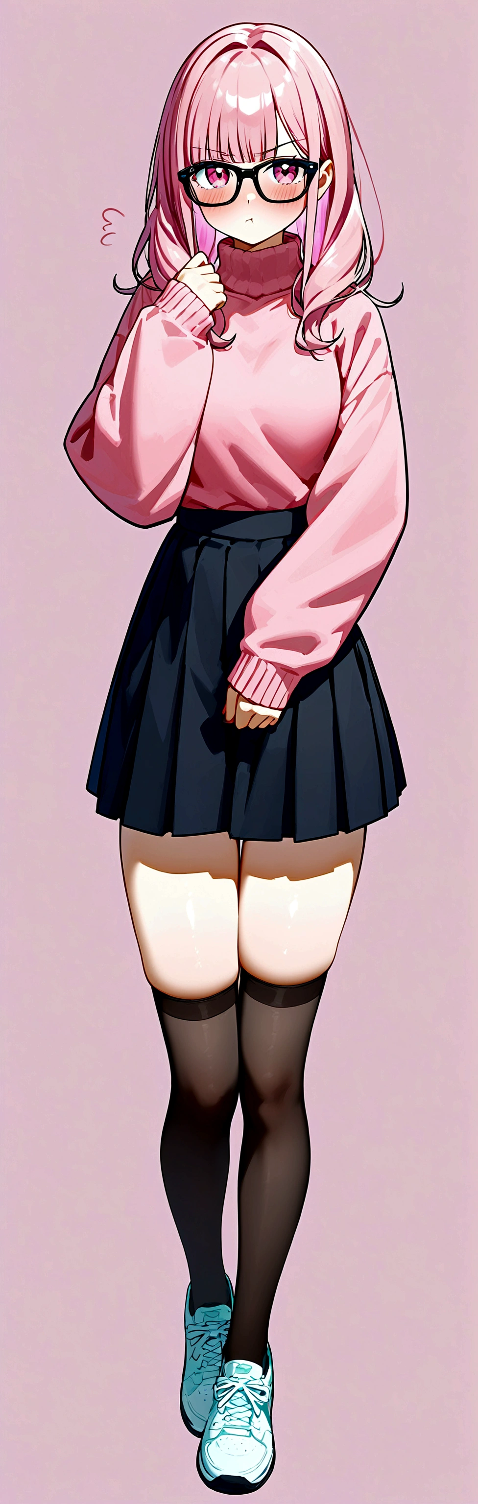 pink hair black glasses pink eyes extremely blushing a big pink sweater short black skirt black stockings white tennis shoes that is a reserved girl that is pouting
