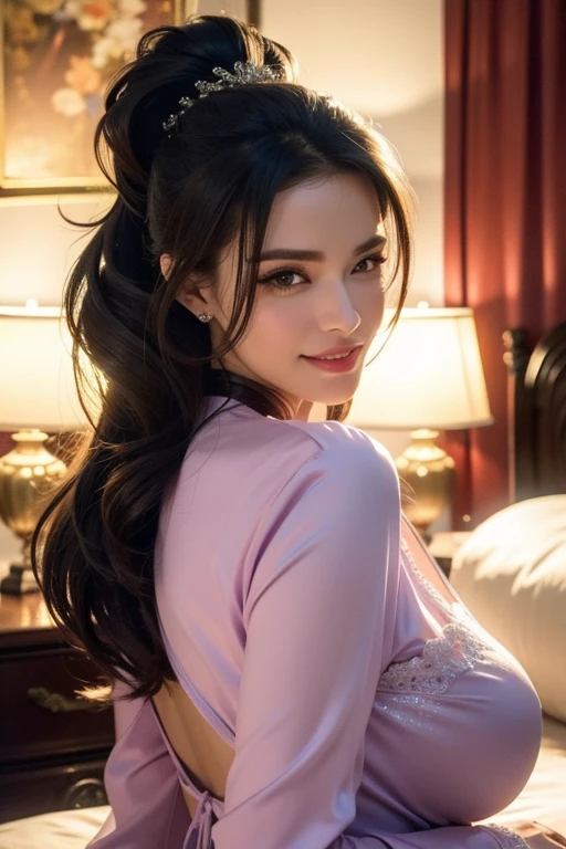 a gorgeous busty woman, ponytail, beautiful detailed eyes, beautiful detailed lips, extremely detailed face, long eyelashes, nightie, sleeping gown, beautiful detailed smile, beautiful detailed teeth, POV, lover, cinematic dramatic lighting, (best quality,4k,8k,highres,masterpiece:1.2),ultra-detailed,(realistic,photorealistic,photo-realistic:1.37),HDR,UHD,studio lighting,ultra-fine painting,sharp focus,physically-based rendering,extreme detail description,professional,vivid colors,bokeh,portrait,photorealistic,cinematic