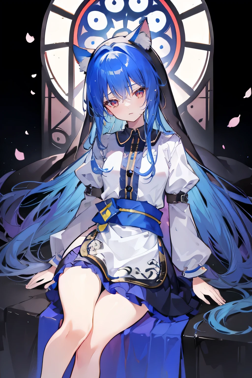 (masterpiece:1.2),Extremely detailed,Practical,expressive eyes,Fair skin,Perfect face shaping,1 Girl,
Japanese cartoons,Gorgeous blue hair, the long flowing blue hair,Floating clothes,Cat ears,Petals fall,beautiful lola,Angel,
Place your hands on your waist,sit elegantly on the ground,Cross your legs,Gentle and peaceful background,stately church,nun。