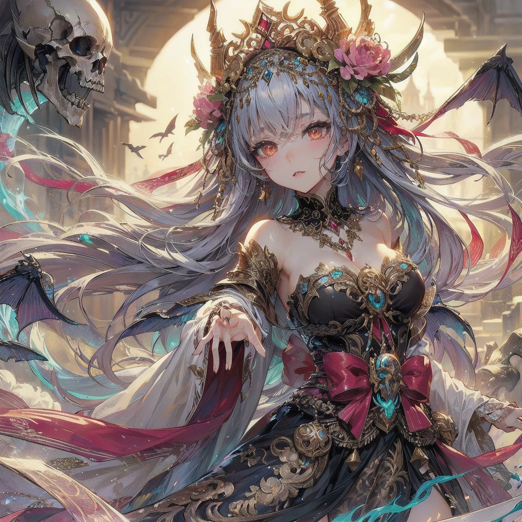  masterpiece, (textured skin), best quality, gorgeous beautiful girl, (a female goddess of death),,detailed clothes,large breasts,narrow waist,, (beautiful face), cinematic lighting, (fantasy anime art ),