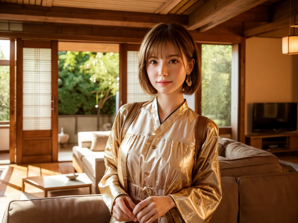 mAsterpiece, best quAlity, ultrA-detAiled, kAwAii, Niedlich, Schön, sexy,, extremely detAiled, 4K, 8K, best quAlity, beAutiful, reAlistic,Allein, , beAutiful light brown hAir, beAutiful eyes, short hAir, eArrings, leichtes Lächeln, legere Kleidung, lens flAre, lAtex, in a modern japanese livingroom with traditional elements, wide angle view, bezauberndes Lächeln, japanese frniture, stylish japanese interieur, traditional art