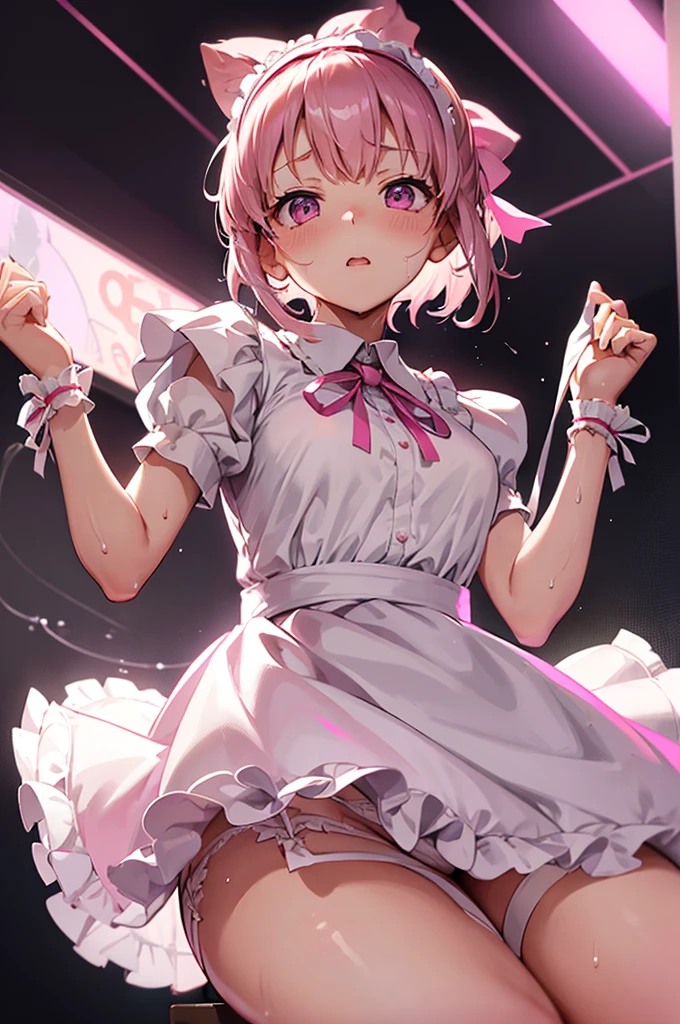 Highest quality、Shiny silk short sleeve  sleeve pink maid outfit、transparent、Very short skirt、Giant ribbon、A short white ruffled apron、Garter belt with ribbon、Pink high heels with ribbon、Large headband with ribbon、Flushed Cheeks、Embarrassed look、Pure white underwear、Soaking wet、storm、Stand on a chair and stretch、Looking up from directly below