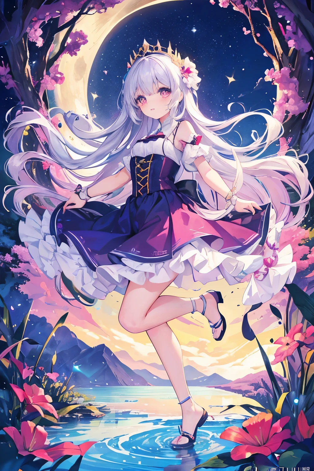 In a vivid dreamscape, reminiscent of a fairytale, the song "chuuu~ chuuu~ you look just like a doll" by luna lily comes to life. The illustration is meticulously crafted, embodying a level of detail that is nothing short of Kengo Kuma's style, displayed in an HD-DVD format.

The centerpiece of the illustration is a captivating young woman, her eyes sparkling with an otherworldly beauty, their reflections dancing with the color of the moon. Her small frame is adorned with delicate details, including a dress that seems to twist and flow with the melody of the song. Her