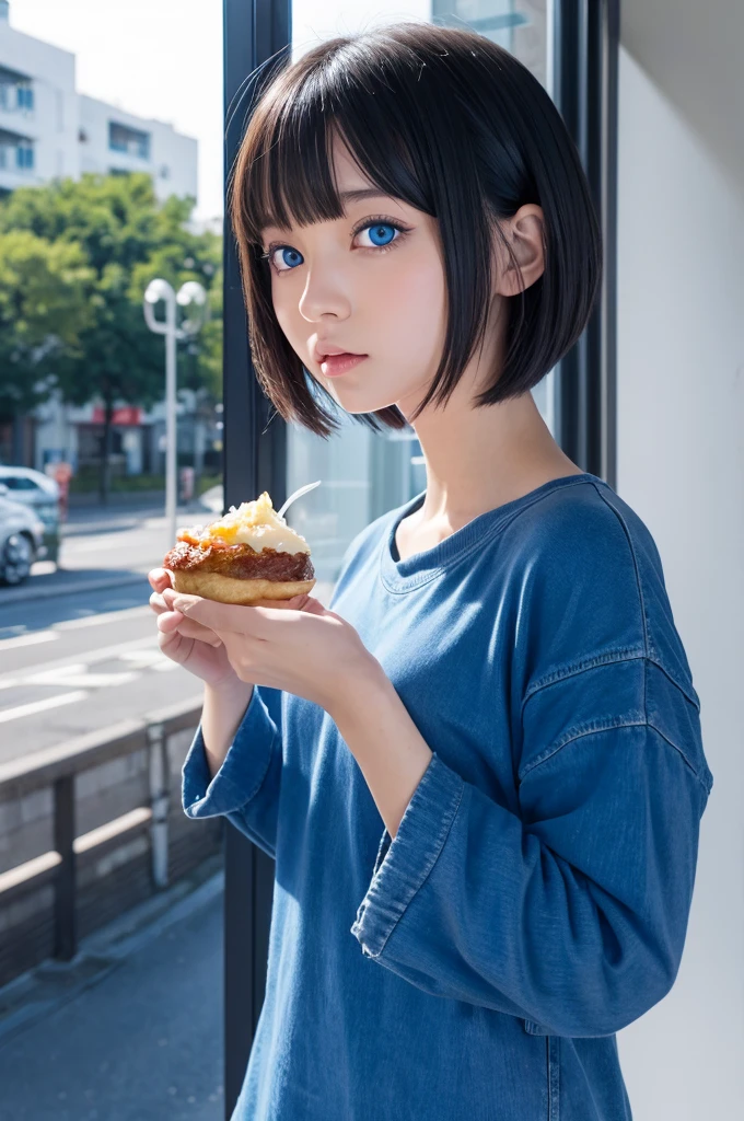 An anime girl, blue eyes, short hair, eating --ar 9:16 --s 50 --niji 5