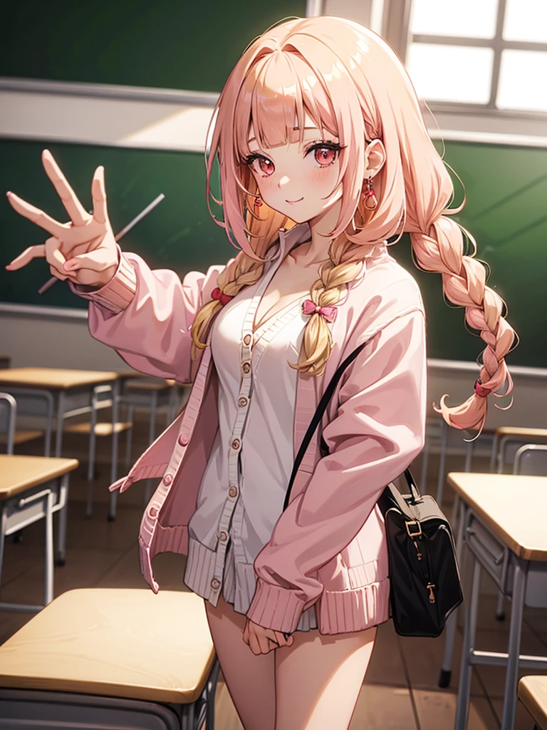 (((anime))), ((anime)), (Gal), Medium Hair, (Braid:1.3), (Blunt bangs:1.2),Two-tone hair, Blonde, (Pink Hair), Round face, Red eyes, (Droopy eyes), (((puppet))),Pink Lip,Earrings,necklace,[Dark Skin], A light smile, ((((cute)))), beautiful, 1 Girl, alone, (cardigan:1.4), [Cleavage cutout],peace sign,beautiful background,(classroom:1.5),evening,sunlight,Backlight,masterpiece,Highest quality,Exquisite,8K,Absurd,Ultra-fine illustrations,(View your viewers), Panty shot