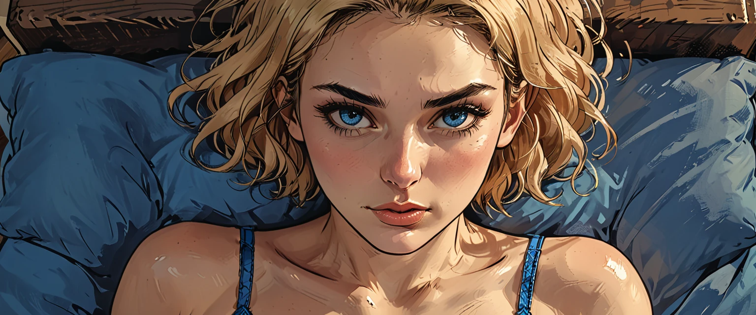 view from above, top view, from above, lying, a (girl in BLUE underwear) lies on a blue double bed, portrait, close-up, (((sad)))
adult, [Nordic], perfect Olive skin, Oval Face,  Rounded shoulders,  Attached Pointed ears, round forehead, ((Short blonde Waves pixie hair)), snub nose, Arched eyebrows, Monolid blue Eyes, High Round Narrow cheekbones, Dimpled Cheeks, Rounded Chin, Rounded Jawline, Full nude Lips, Nude Makeup Look, long eyelashes, 

graphic style of novel comics,dark novel, 2d, 8k, hyperrealism, masterpiece, high resolution, best quality, ultra-detailed, super realistic, Hyperrealistic art, high-quality, ultra high res, highest detailed, lot of details, Extremely high-resolution details, incredibly lifelike, colourful, soft cinematic light,
