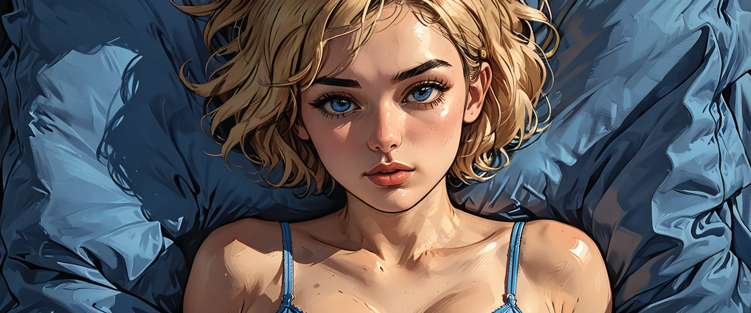 view from above, top view, from above, lying, a (girl in BLUE underwear) lies on a blue double bed, portrait, close-up, (((sad)))
adult, [Nordic], perfect Olive skin, Oval Face,  Rounded shoulders,  Attached Pointed ears, round forehead, ((Short blonde Waves pixie hair)), snub nose, Arched eyebrows, Monolid blue Eyes, High Round Narrow cheekbones, Dimpled Cheeks, Rounded Chin, Rounded Jawline, Full nude Lips, Nude Makeup Look, long eyelashes, 

graphic style of novel comics,dark novel, 2d, 8k, hyperrealism, masterpiece, high resolution, best quality, ultra-detailed, super realistic, Hyperrealistic art, high-quality, ultra high res, highest detailed, lot of details, Extremely high-resolution details, incredibly lifelike, colourful, soft cinematic light,