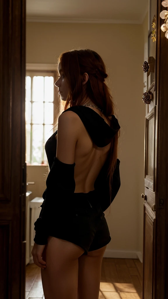 (((Masterpiece))), 25-year-old Caucasian French girl with shoulder-length messy red hair, adorned with crystal glow, blooming hair akin to . Certainly!
A silhouette of a girl standing with her back to the camera. She is wearing short shorts and a black hoodie. Her face is not visible.