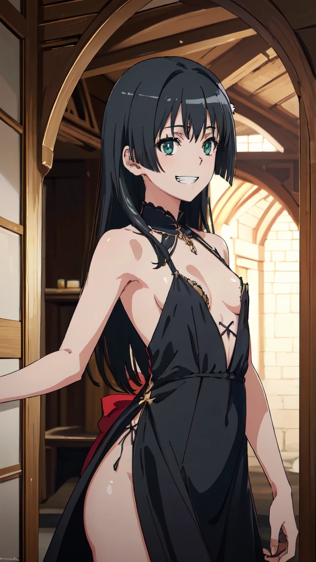 (High resolution:1.4), (masutepiece:1.2), (High quality:1.3) 1girl, saten ruiko, green eyes, long hair, black hair, small breast, A luxurious dress from medieval Europe, cinematic lighting, pov, grin, A medieval mansion, dynamic angle, nsfw