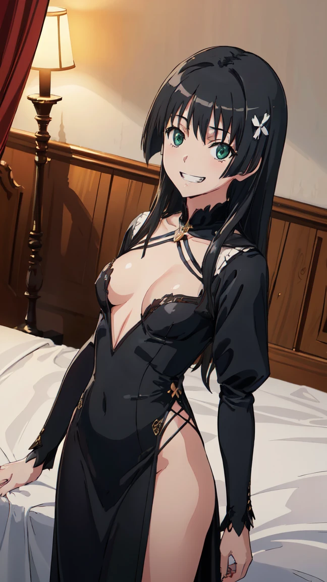 (High resolution:1.4), (masutepiece:1.2), (High quality:1.3) 1girl, saten ruiko, green eyes, long hair, black hair, small breast, A luxurious dress from medieval Europe, cinematic lighting, pov, grin, A medieval mansion, dynamic angle, nsfw