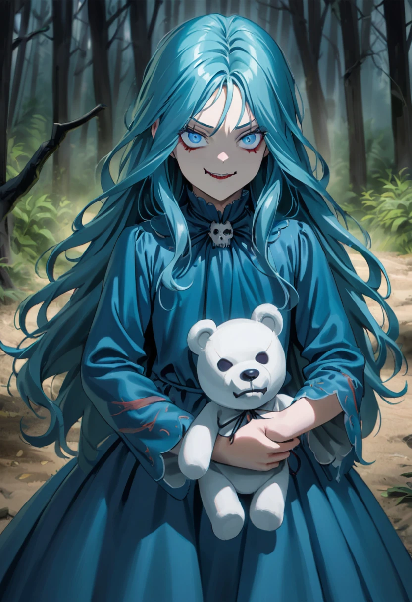  ************, white face, macabre smile, holding a teddy bear in one hand, creepy, olhar malicioso, blue colored eyes, forest background, drawning, blue dress, intense stare, long  hair