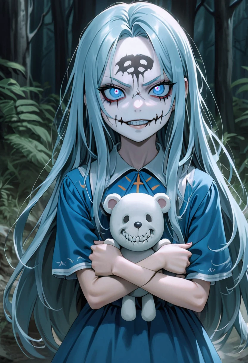 13 years old, white face, macabre smile, holding a teddy bear in one hand, creepy, olhar malicioso, blue colored eyes, forest background, drawning, blue dress, intense stare, long hair